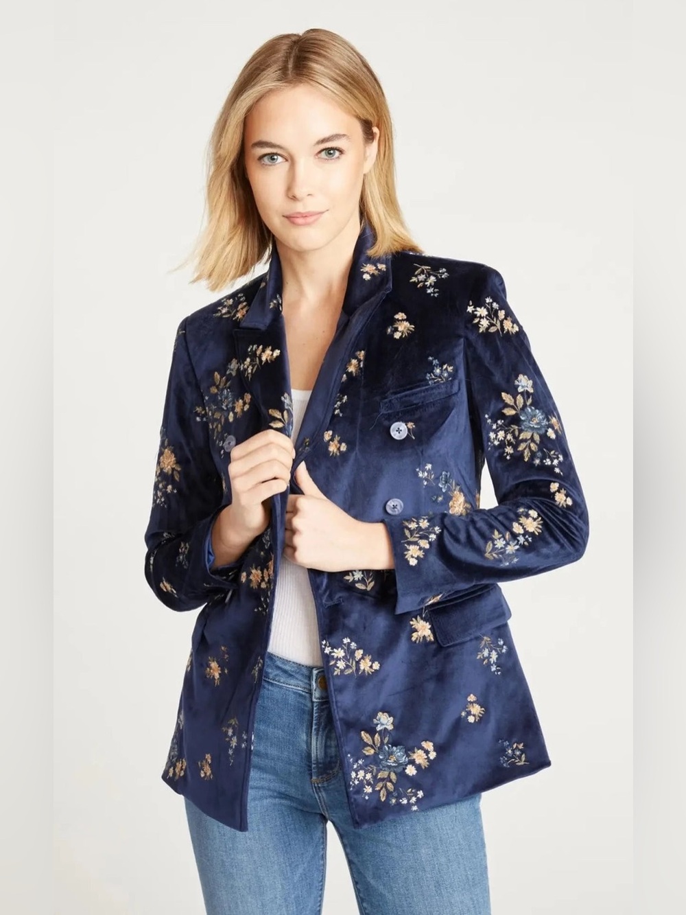 DRIFTWOOD velvet embroidered blazer in navy